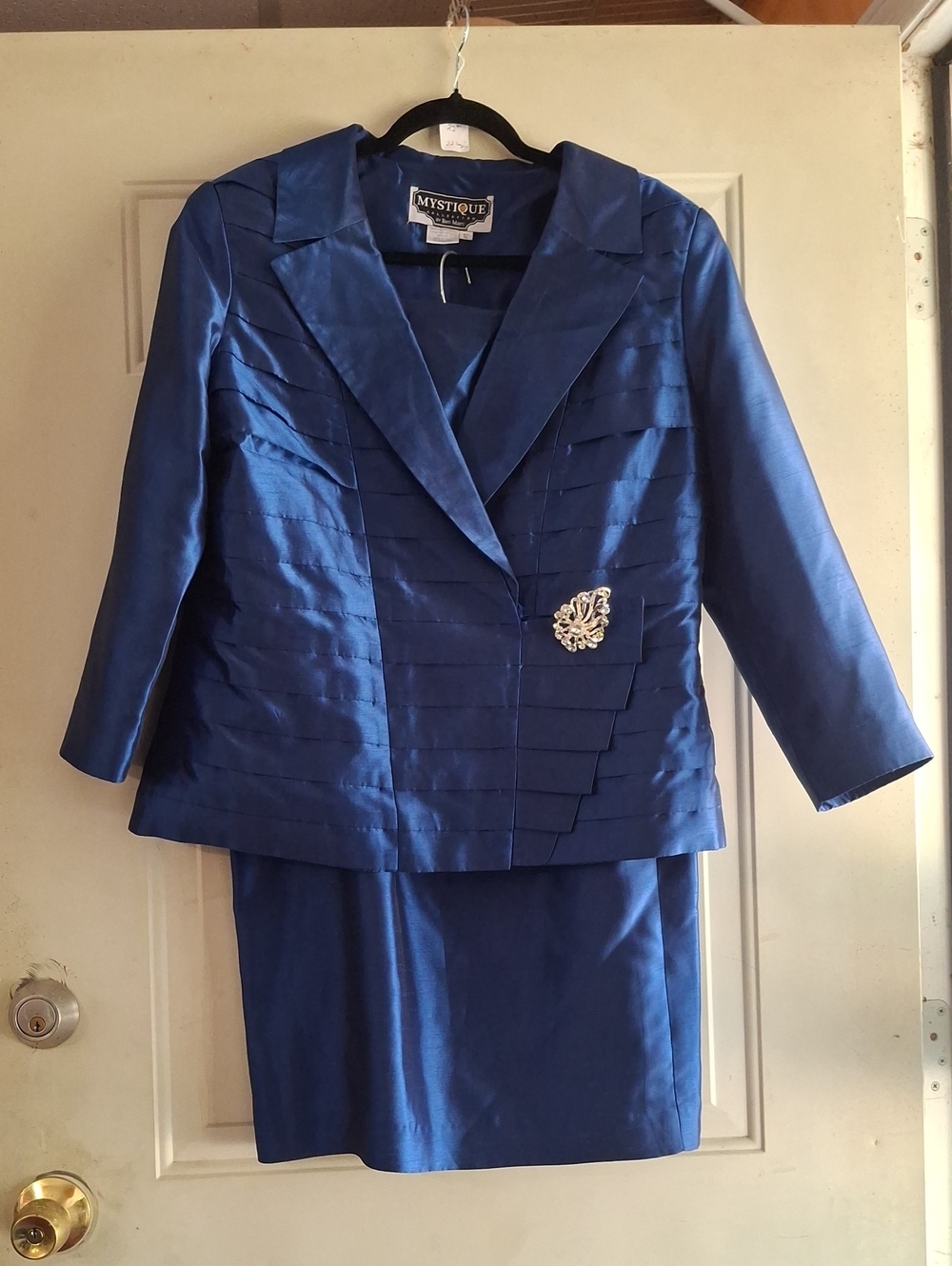 Mystique Boutique Royal Blue Two-Piece Skirt Suit with Brooch